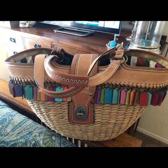 Coach Handbags - COPY - Coach straw tote with multi color Coach ta…